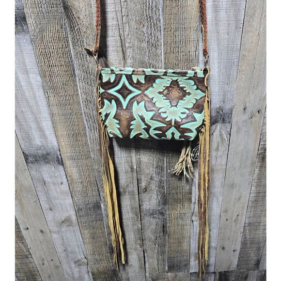 Raviani Turquoise & Choclate Leather Fringe/Tassle Crossbody - Picture 3 of 7